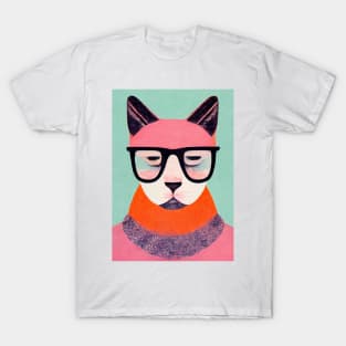 The Hipster Cat Retro Poster Vintage Art Cat Wall Glasses Pink Illustration T-Shirt